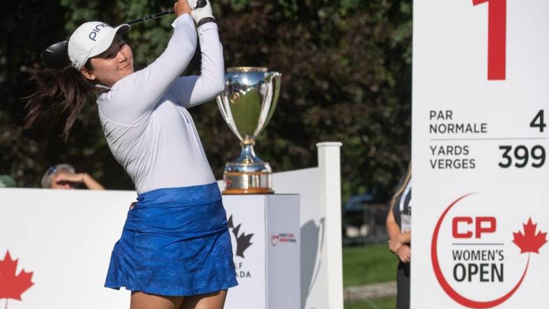 Aug 28, 2022; Ottawa, Ontario, CAN; Allisen Corpuz from the United States tees off the 1st hole during the final round of the CP Women's Open golf tournament. Mandatory Credit: Marc DesRosiers-USA TODAY Sports