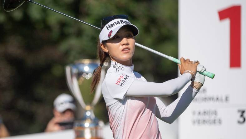 Aug 28, 2022; Ottawa, Ontario, CAN; Lydia Ko from New Zealand tees off the 1st hole during the final round of the CP Women's Open golf tournament. Mandatory Credit: Marc DesRosiers-USA TODAY Sports