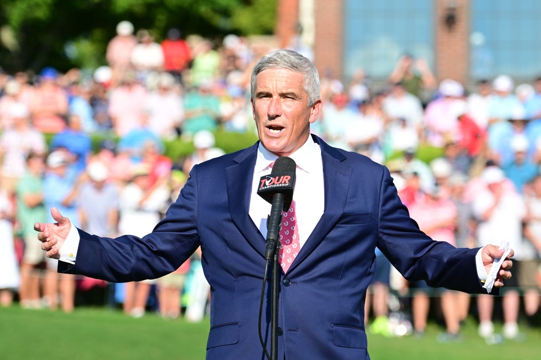 Aug 28, 2022; Atlanta, Georgia, USA; PGA commissioner Jay Monahan speaks during the final round of the TOUR Championship golf tournament. Mandatory Credit: Adam Hagy-USA TODAY Sports