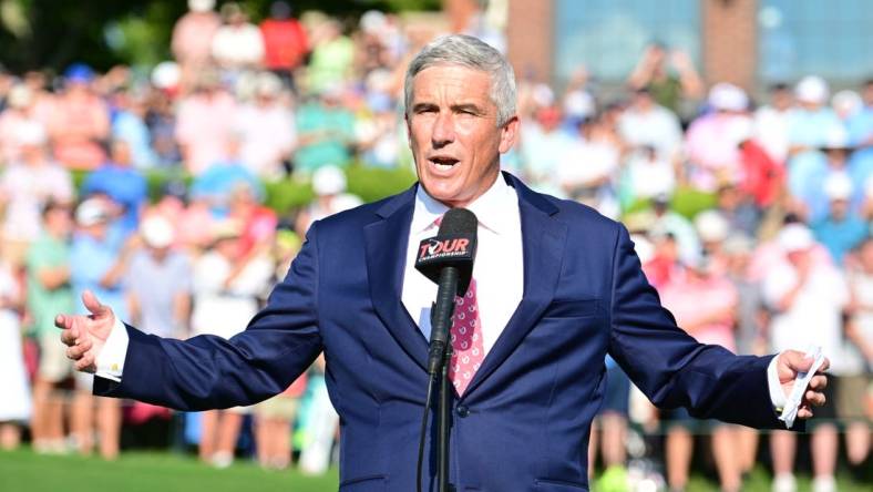 Aug 28, 2022; Atlanta, Georgia, USA; PGA commissioner Jay Monahan speaks during the final round of the TOUR Championship golf tournament. Mandatory Credit: Adam Hagy-USA TODAY Sports