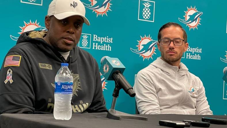 Dolphins general manager Chris Grier and coach Mike McDaniel address reporters Tuesday.

Img 9284