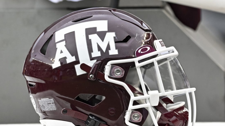 Sep 3, 2022; College Station, Texas, USA;  Texas A&M Aggies helmet on the sideline during the second half against the Sam Houston State Bearkats at Kyle Field. Mandatory Credit: Maria Lysaker-USA TODAY Sports