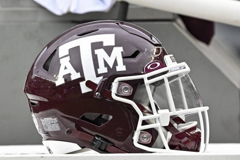 Sep 3, 2022; College Station, Texas, USA;  Texas A&M Aggies helmet on the sideline during the second half against the Sam Houston State Bearkats at Kyle Field. Mandatory Credit: Maria Lysaker-USA TODAY Sports