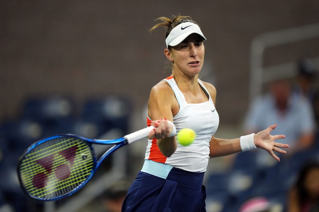 Sep 3, 2022; Flushing, NY, USA; Belinda Bencic of Switzerland hits to Karolina Pliskova of Czech Republic on day six of the 2022 U.S. Open tennis tournament at USTA Billie Jean King Tennis Center. Mandatory Credit: Danielle Parhizkaran-USA TODAY Sports