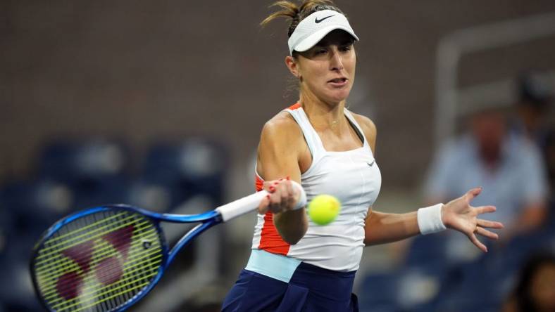 Sep 3, 2022; Flushing, NY, USA; Belinda Bencic of Switzerland hits to Karolina Pliskova of Czech Republic on day six of the 2022 U.S. Open tennis tournament at USTA Billie Jean King Tennis Center. Mandatory Credit: Danielle Parhizkaran-USA TODAY Sports