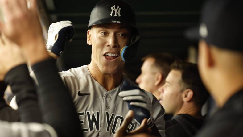 Sep 4, 2022; St. Petersburg, Florida, USA; New York Yankees right fielder Aaron Judge (99) celebrates after hitting a home run during the first inning against the Tampa Bay Rays at Tropicana Field. Mandatory Credit: Kim Klement-USA TODAY Sports