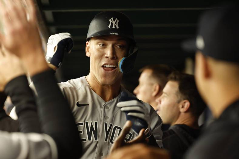 Sep 4, 2022; St. Petersburg, Florida, USA; New York Yankees right fielder Aaron Judge (99) celebrates after hitting a home run during the first inning against the Tampa Bay Rays at Tropicana Field. Mandatory Credit: Kim Klement-USA TODAY Sports