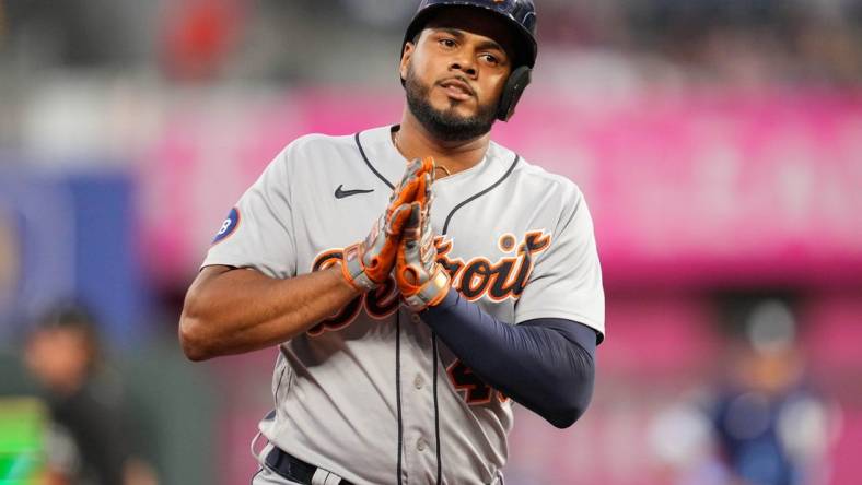 Sep 9, 2022; Kansas City, Missouri, USA; Detroit Tigers designated hitter Jeimer Candelario (46) gestures to the dugout after hitting a three-run home run during the second inning against the Kansas City Royals at Kauffman Stadium. Mandatory Credit: Jay Biggerstaff-USA TODAY Sports