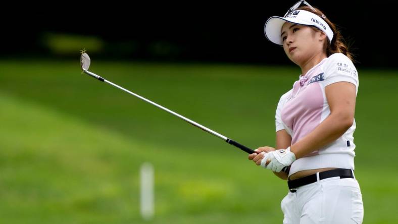 Jeongeun Lee6 hits an approach shot on hole 12 of the Kendale Course during the third round of the Kroger Queen City Championship presented by P&G at the Kenwood Country Club in Madeira on Saturday, Sept. 10, 2022.

Lpga Queen City Championship 1144