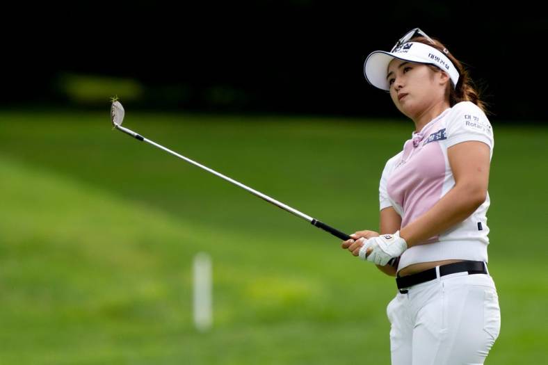 Jeongeun Lee6 hits an approach shot on hole 12 of the Kendale Course during the third round of the Kroger Queen City Championship presented by P&G at the Kenwood Country Club in Madeira on Saturday, Sept. 10, 2022.

Lpga Queen City Championship 1144