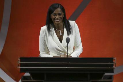 Sep 10, 2022; Springfield, MA, USA;  Swin Cash gives her speech during her induction to the 2022 Basketball Hall of Fame at Symphony Hall. Mandatory Credit: Wendell Cruz-USA TODAY Sports