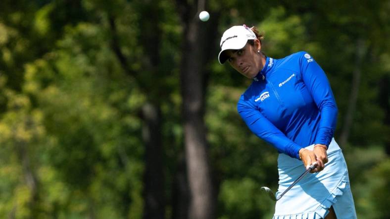 Maria Fassi chips onto hole 18 of the Kendale Course during the final round of the Kroger Queen City Championship presented by P&G at the Kenwood Country Club in Madeira on Sunday, Sept. 11, 2022.

Lpga Queen City Championship 0685