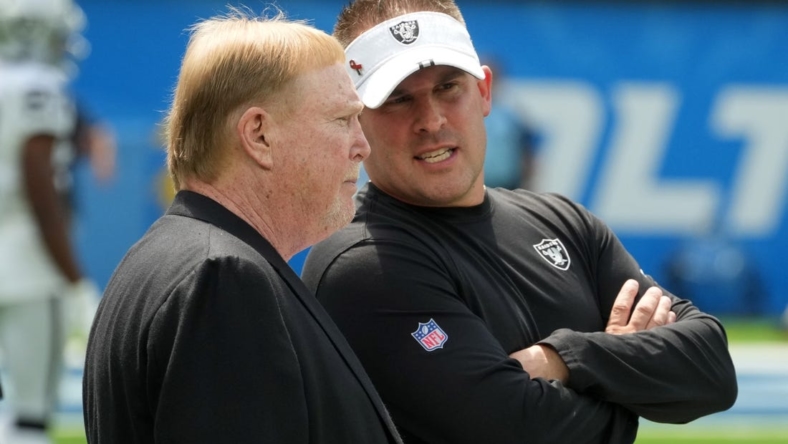Sep 11, 2022; Inglewood, California, USA; Las Vegas Raiders owner Mark Davis (left) and coach Josh McDaniels during the game against the Los Angeles Chargers at SoFi Stadium. Mandatory Credit: Kirby Lee-USA TODAY Sports