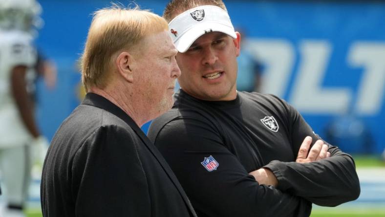 Sep 11, 2022; Inglewood, California, USA; Las Vegas Raiders owner Mark Davis (left) and coach Josh McDaniels during the game against the Los Angeles Chargers at SoFi Stadium. Mandatory Credit: Kirby Lee-USA TODAY Sports