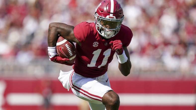 Sep 17, 2022; Tuscaloosa, Alabama, USA;  Alabama Crimson Tide wide receiver Traeshon Holden (11) at Bryant-Denny Stadium. Mandatory Credit: Marvin Gentry-USA TODAY Sports