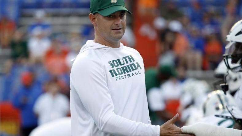 Sep 17, 2022; Gainesville, Florida, USA;South Florida Bulls head coach Jeff Scott prior to the game against the Florida Gators at Ben Hill Griffin Stadium. Mandatory Credit: Kim Klement-USA TODAY Sports