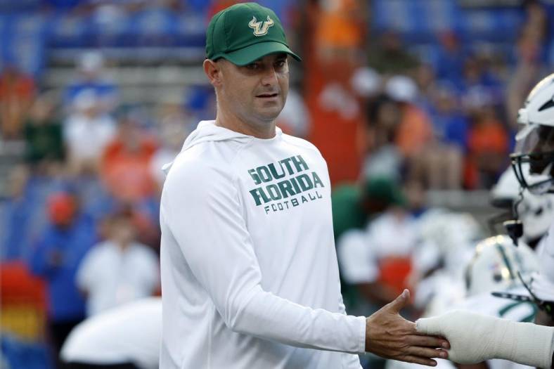 Sep 17, 2022; Gainesville, Florida, USA;South Florida Bulls head coach Jeff Scott prior to the game against the Florida Gators at Ben Hill Griffin Stadium. Mandatory Credit: Kim Klement-USA TODAY Sports