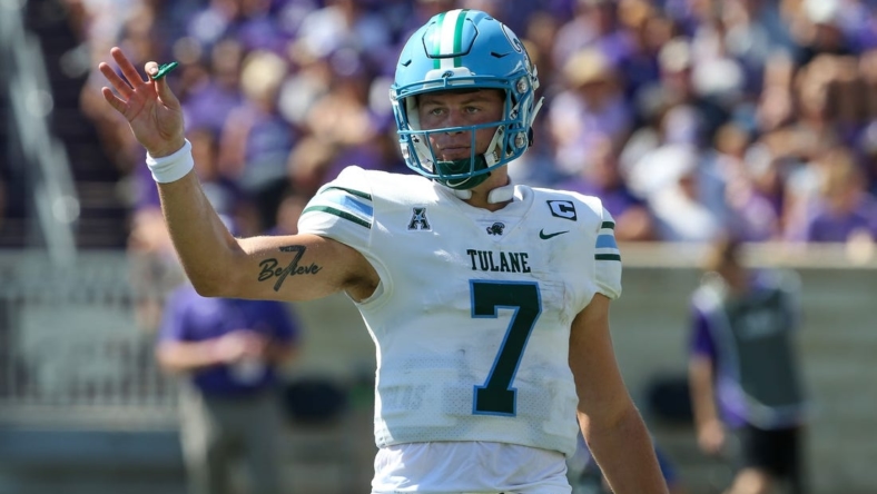 Sep 17, 2022; Manhattan, Kansas, USA; Tulane Green Wave quarterback Michael Pratt (7) waits for a play from the sideline during the second quarter against the Kansas State Wildcats at Bill Snyder Family Football Stadium. Mandatory Credit: Scott Sewell-USA TODAY Sports