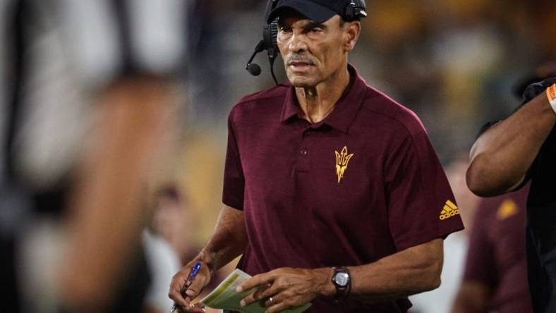 Sep 17, 2022; Tempe, Arizona, USA; Arizona State Sun Devils head coach Herm Edwards walks the sidelines as his team plays the Eastern Michigan Eagles at Sun Devil Stadium in Tempe.

Football Asu Fb