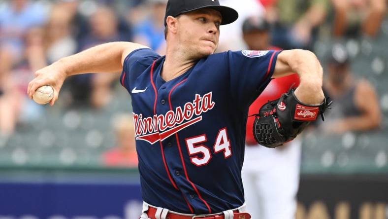 Sep 19, 2022; Cleveland, Ohio, USA; Minnesota Twins starting pitcher Sonny Gray (54) throws a pitch during the first inning against the Cleveland Guardians at Progressive Field. Mandatory Credit: Ken Blaze-USA TODAY Sports