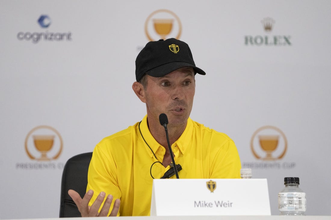 Sep 21, 2022; Charlotte, North Carolina, USA; International Team assistant captain Mike Weir addresses the media in a press conference during a practice day for the Presidents Cup golf tournament at Quail Hollow Club. Mandatory Credit: Kyle Terada-USA TODAY Sports