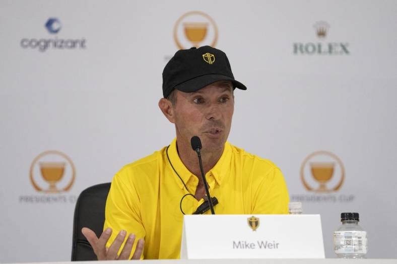 Sep 21, 2022; Charlotte, North Carolina, USA; International Team assistant captain Mike Weir addresses the media in a press conference during a practice day for the Presidents Cup golf tournament at Quail Hollow Club. Mandatory Credit: Kyle Terada-USA TODAY Sports