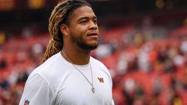 Sep 11, 2022; Landover, Maryland, USA; Washington Commanders defensive end Chase Young (99) looks on after the game against the Jacksonville Jaguars at FedExField. Mandatory Credit: Scott Taetsch-USA TODAY Sports