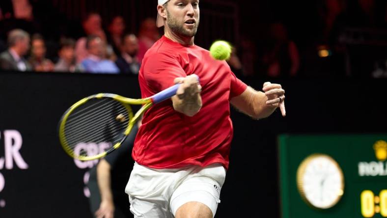 Sep 23, 2022; London, United Kingdom;  Jack Sock (USA) plays a shot against Casper Ruud (NOR) in his Laver Cup tennis match.  Mandatory Credit: Peter van den Berg-USA TODAY Sports