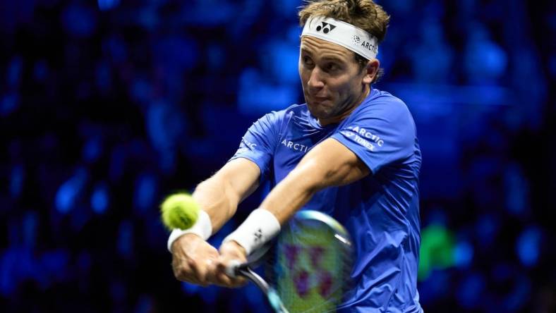 Sep 23, 2022; London, United Kingdom;  Casper Ruud (NOR) plays a shot against Jack Sock (USA) in his Laver Cup tennis match.  Mandatory Credit: Peter van den Berg-USA TODAY Sports