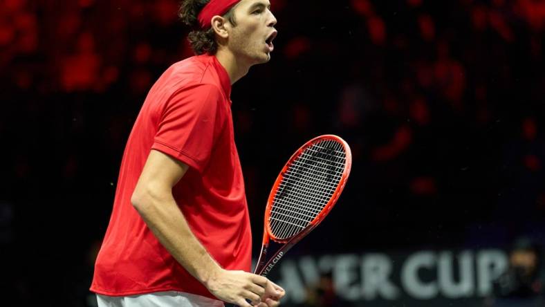 Sep 24, 2022; London, United Kingdom;
Taylor Fritz (USA) celebrates winning a point against Cameron Norrie (GBR) in a Laver Cup singles match.  Mandatory Credit: Peter van den Berg-USA TODAY Sports