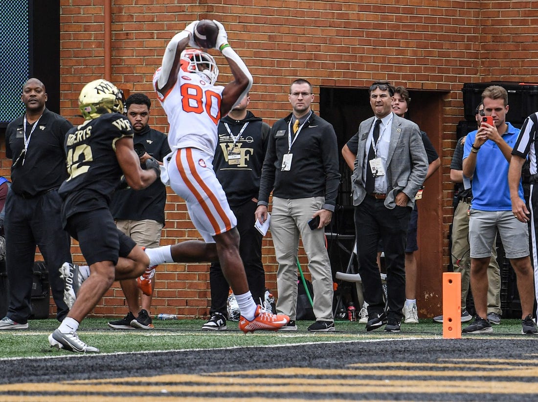 Clemson wide receiver Beaux Collins (80) catches a pass for a touchdown during the first of two overtimes at Truist Field in Winston-Salem, North Carolina Saturday, September 24, 2022.

Ncaa Football Clemson At Wake Forest