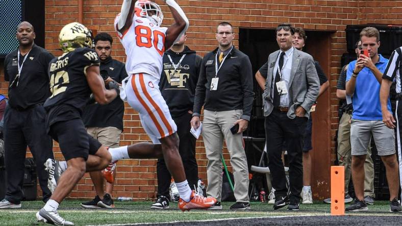 Clemson wide receiver Beaux Collins (80) catches a pass for a touchdown during the first of two overtimes at Truist Field in Winston-Salem, North Carolina Saturday, September 24, 2022.

Ncaa Football Clemson At Wake Forest