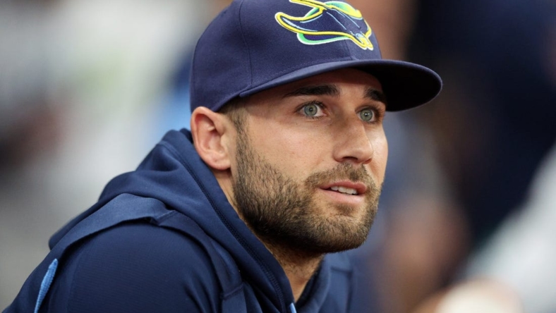 Sep 24, 2022; St. Petersburg, Florida, USA;  Tampa Bay Rays center fielder Kevin Kiermaier (39) looks on from the dugout in the second inning against the Toronto Blue Jays at Tropicana Field. Mandatory Credit: Nathan Ray Seebeck-USA TODAY Sports