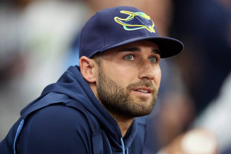 Sep 24, 2022; St. Petersburg, Florida, USA;  Tampa Bay Rays center fielder Kevin Kiermaier (39) looks on from the dugout in the second inning against the Toronto Blue Jays at Tropicana Field. Mandatory Credit: Nathan Ray Seebeck-USA TODAY Sports