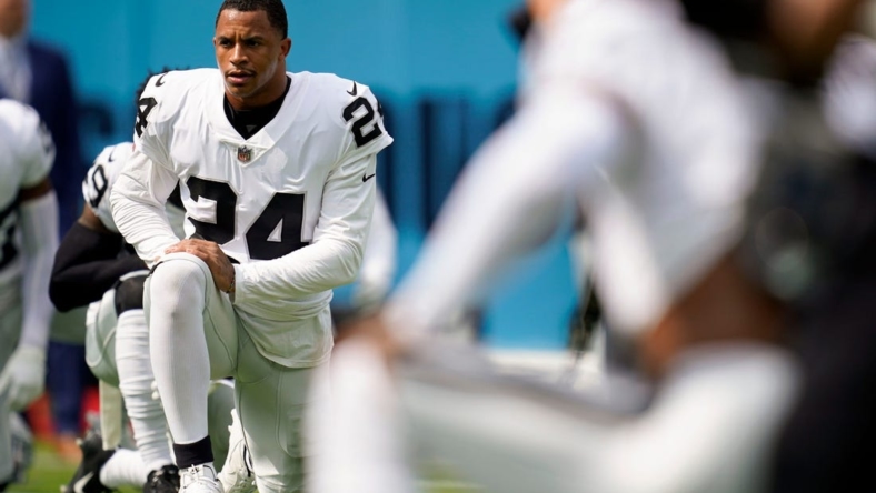 Las Vegas Raiders safety Johnathan Abram (24) warms up before facing the Tennessee Titans at Nissan Stadium Sunday, Sept. 25, 2022, in Nashville, Tenn.

Nfl Las Vegas Raiders At Tennessee Titans