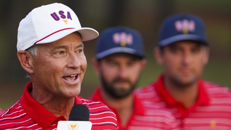 Sep 25, 2022; Charlotte, North Carolina, USA; Team USA captain Davis Love III speaks during the singles match play of the Presidents Cup golf tournament at Quail Hollow Club. Mandatory Credit: Peter Casey-USA TODAY Sports
