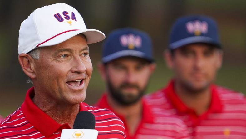 Sep 25, 2022; Charlotte, North Carolina, USA; Team USA captain Davis Love III speaks during the singles match play of the Presidents Cup golf tournament at Quail Hollow Club. Mandatory Credit: Peter Casey-USA TODAY Sports