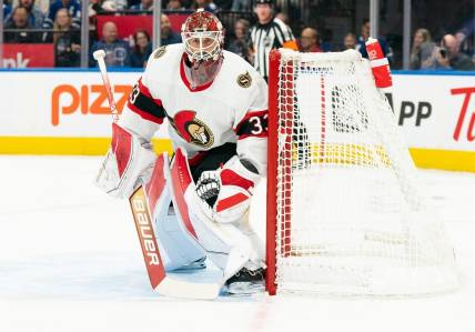 Sep 24, 2022; Toronto, Ontario, CAN; Ottawa Senators goaltender Cam Talbot (33) follows the play against the Toronto Maple Leafs during the first period at Scotiabank Arena. Mandatory Credit: Nick Turchiaro-USA TODAY Sports