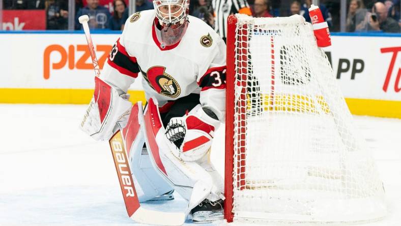 Sep 24, 2022; Toronto, Ontario, CAN; Ottawa Senators goaltender Cam Talbot (33) follows the play against the Toronto Maple Leafs during the first period at Scotiabank Arena. Mandatory Credit: Nick Turchiaro-USA TODAY Sports