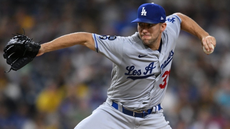 Sep 27, 2022; San Diego, California, USA; Los Angeles Dodgers starting pitcher Tyler Anderson (31) throws a pitch against the San Diego Padres during the first inning at Petco Park. Mandatory Credit: Orlando Ramirez-USA TODAY Sports
