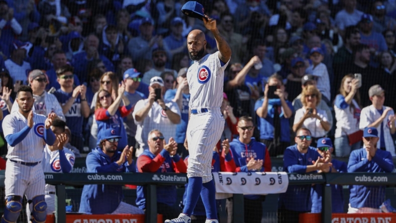 Oct 1, 2022; Chicago, Illinois, USA; Chicago Cubs Jason Heyward is being honored during a baseball game between the Chicago Cubs and Cincinnati Reds at Wrigley Field. Mandatory Credit: Kamil Krzaczynski-USA TODAY Sports