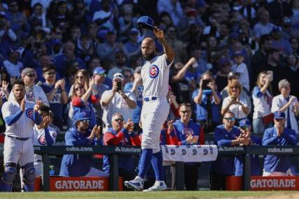 Oct 1, 2022; Chicago, Illinois, USA; Chicago Cubs Jason Heyward is being honored during a baseball game between the Chicago Cubs and Cincinnati Reds at Wrigley Field. Mandatory Credit: Kamil Krzaczynski-USA TODAY Sports