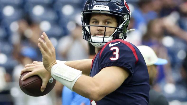 Oct 2, 2022; Houston, Texas, USA;  Houston Texans quarterback Kyle Allen (3) warms up before the game against the Los Angeles Chargers at NRG Stadium. Mandatory Credit: Kevin Jairaj-USA TODAY Sports