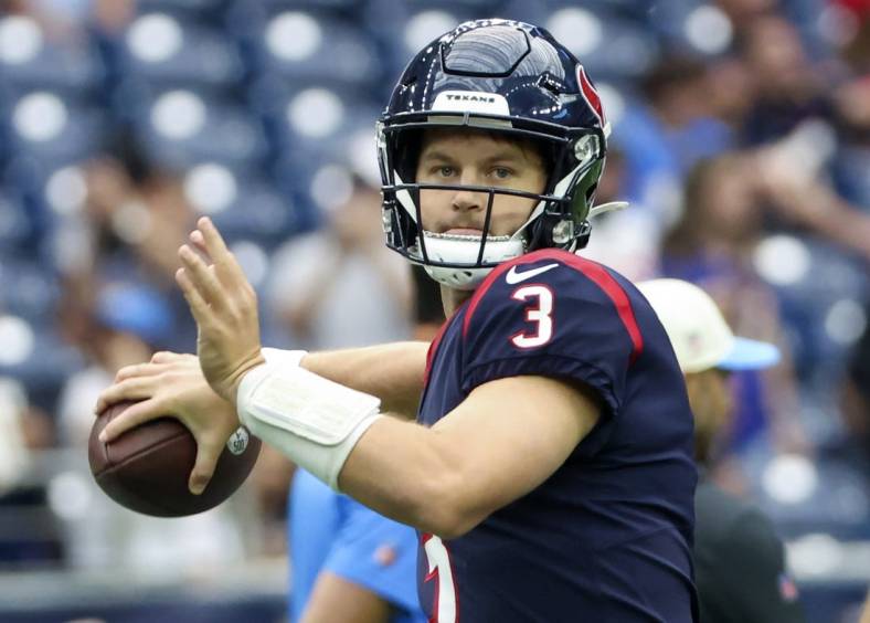 Oct 2, 2022; Houston, Texas, USA;  Houston Texans quarterback Kyle Allen (3) warms up before the game against the Los Angeles Chargers at NRG Stadium. Mandatory Credit: Kevin Jairaj-USA TODAY Sports