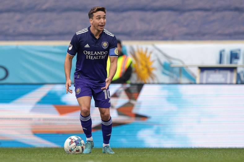 Oct 2, 2022; Harrison, New Jersey, USA; Orlando City SC midfielder Mauricio Pereyra (10) controls the ball against New York City FC during the first half at Red Bull Arena. Mandatory Credit: Vincent Carchietta-USA TODAY Sports