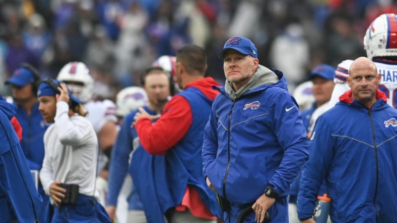 Oct 2, 2022; Baltimore, Maryland, USA;  Buffalo Bills head coach Sean McDermott looks onto the field during other second half against the Baltimore Ravens at M&T Bank Stadium. Mandatory Credit: Tommy Gilligan-USA TODAY Sports