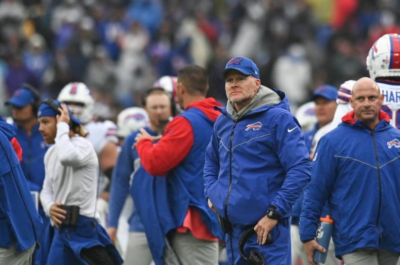 Oct 2, 2022; Baltimore, Maryland, USA;  Buffalo Bills head coach Sean McDermott looks onto the field during other second half against the Baltimore Ravens at M&T Bank Stadium. Mandatory Credit: Tommy Gilligan-USA TODAY Sports