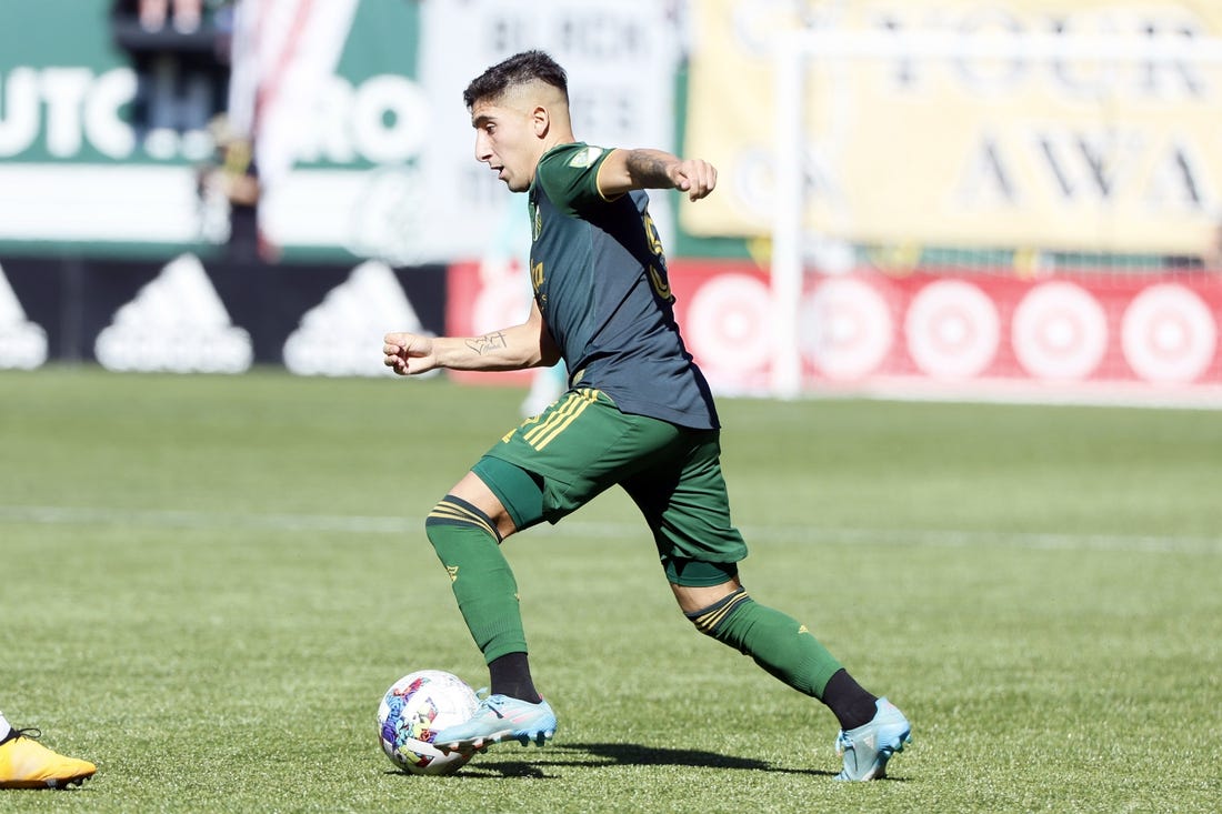 Oct 2, 2022; Portland, Oregon, USA; Portland Timbers defender Claudio Bravo (5) controls the ball during the second half against the LAFC at Providence Park. Mandatory Credit: Soobum Im-USA TODAY Sports