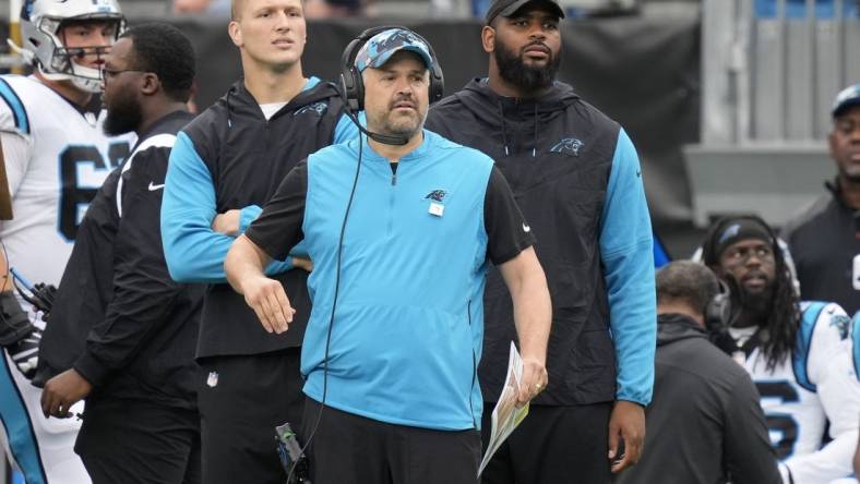 Oct 2, 2022; Charlotte, North Carolina, USA; Carolina Panthers head coach Matt Rhule during the first quarter against the Arizona Cardinals at Bank of America Stadium. Mandatory Credit: Jim Dedmon-USA TODAY Sports