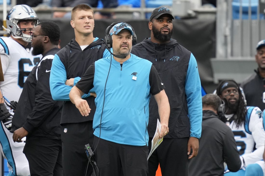 Oct 2, 2022; Charlotte, North Carolina, USA; Carolina Panthers head coach Matt Rhule during the first quarter against the Arizona Cardinals at Bank of America Stadium. Mandatory Credit: Jim Dedmon-USA TODAY Sports